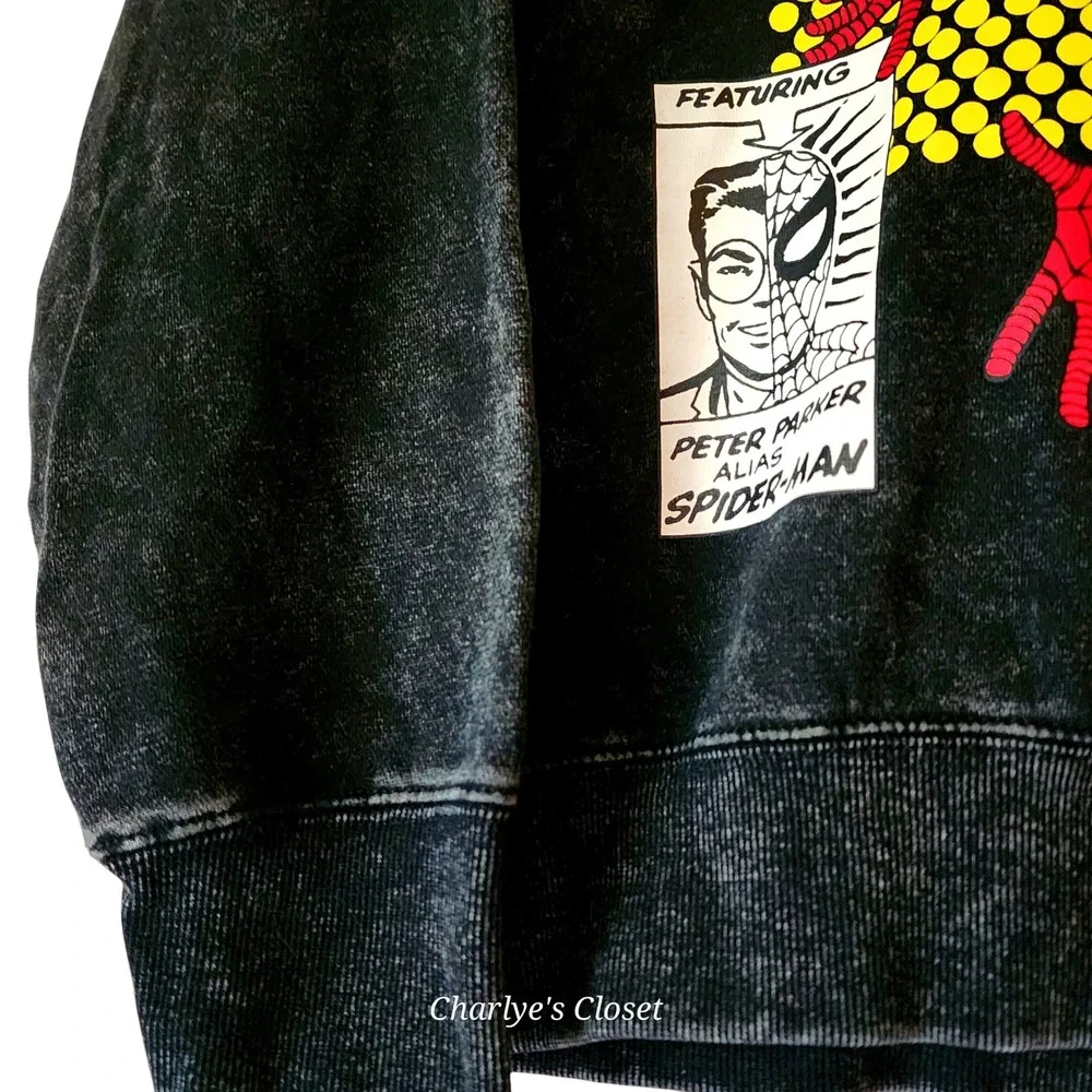 Marvel Spider-Man Black Acid Wash Comic Graphic Sweatshirt‎ M Superhero Grunge